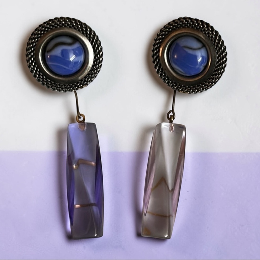 Designer Vintage 80’s Purple and Blue Lucite Silver Dangle Earrings